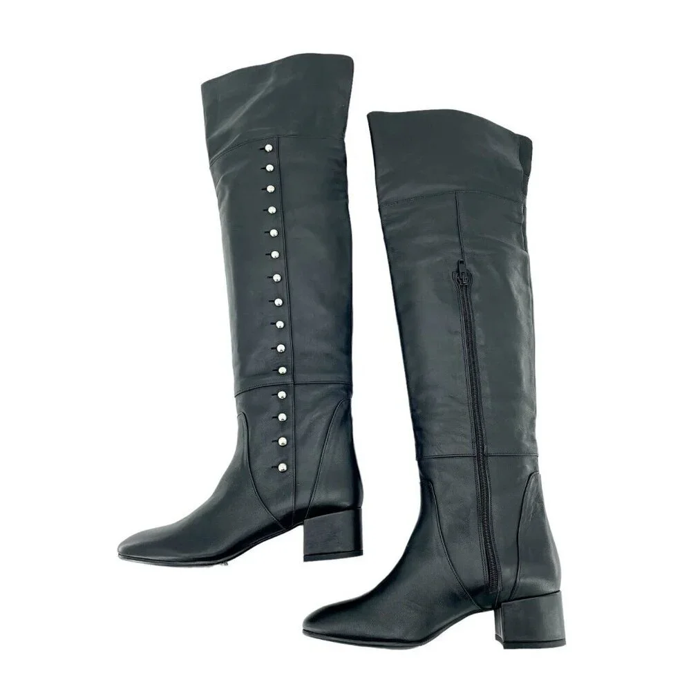 Charles David Boots Black Leather Over-The-Knee Studded Military SZ 6.5 NEW